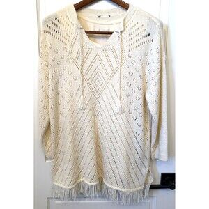 Chico's Cream Tank + Open Knit Sweater Size 2 L Western Boho Fringe 3/4 Sleeve